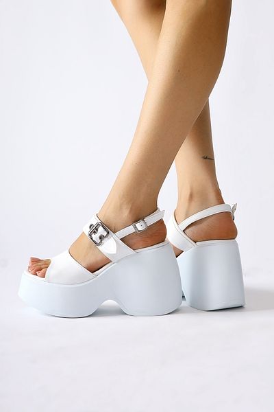 Limoya Nikta White Wedge Heeled Buckle Detailed Women's Sandals