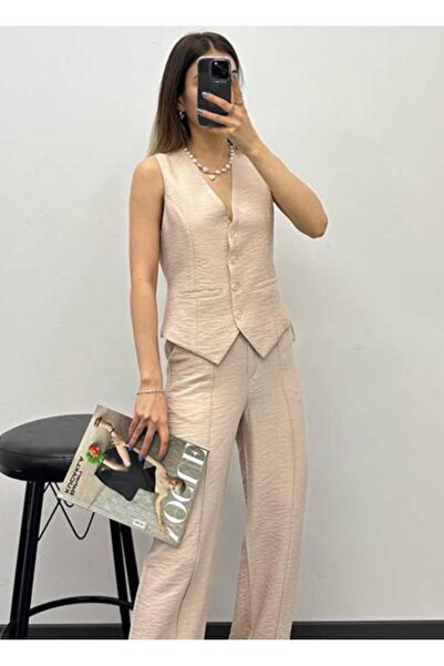 NEVEGE BUTİK Stone Color Stylish Linen Women's Vest - Lined