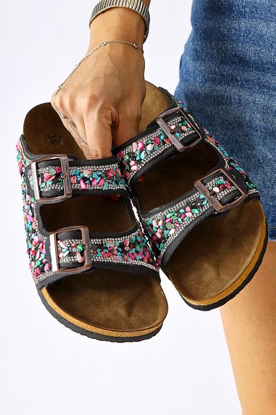 Limoya Semka White Double Banded Women's Slippers with Colorful Stone Accessories
