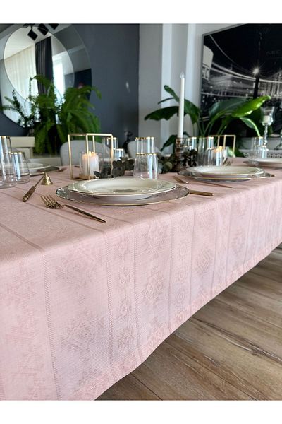 Decamor home Τραπεζομάντιλο με λινό υφή χωρίς ανησυχία με μοτίβο σε σκόνη ροζ μοτίβο 1