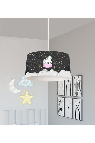BAMBAŞKA MODA Baby and Children's Room Black Chandelier with Unicorn Pattern on a Pink Cloud
