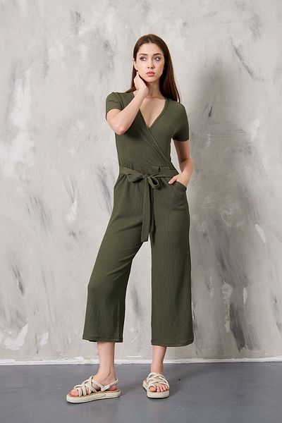 SEVENLINE Belted Double-breasted Collar Wrapped Fabric Jumpsuit