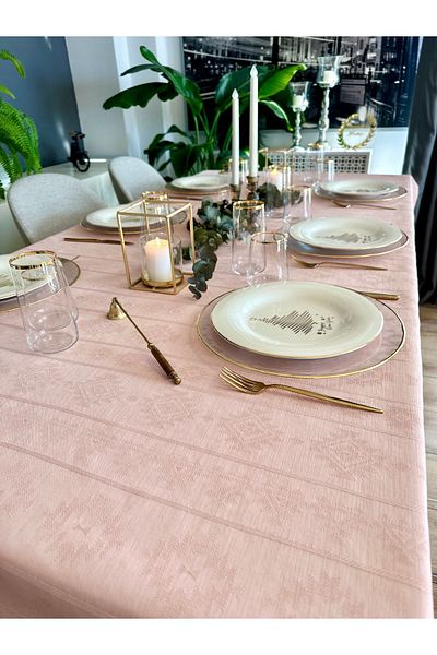 Decamor home Τραπεζομάντιλο με λινό υφή χωρίς ανησυχία με μοτίβο σε σκόνη ροζ μοτίβο 1