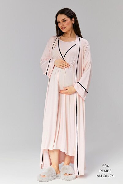 Genel Markalar Kadın Pembe Biyeli Sabahlıklı Hamile-Lohusa Gecelik Takımı