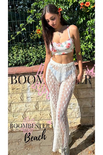 BoomBester White Lace Floral Transparent Women's Beach Pants