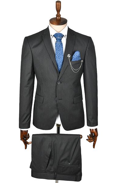 DeepSEA Black Striped Slim Fit 2-Piece Suit - Double Button and Slit Detail 2300314