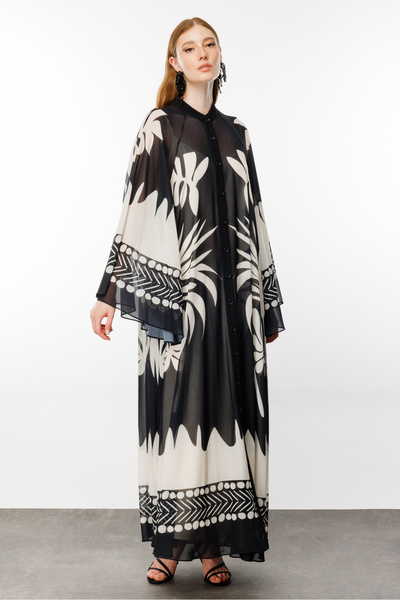 Nefeli Yarasa Kol Floral Desen Siyah Bej Renk Şifon Elbise