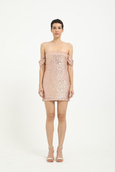 Stilsi Χρυσό χρώμα Γυναικείο Μίνι Φόρεμα - Off Shoulder, Χωρίς γιακά, Παγιέτες, Υφαντό ύφασμα
