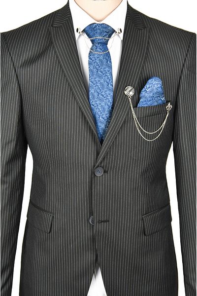 DeepSEA Black Striped Slim Fit 2-Piece Suit - Double Button and Slit Detail 2300314