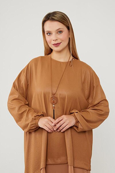 Levidor Kahve Asimetrik Kesim Şifon Detaylu Tunik Takım