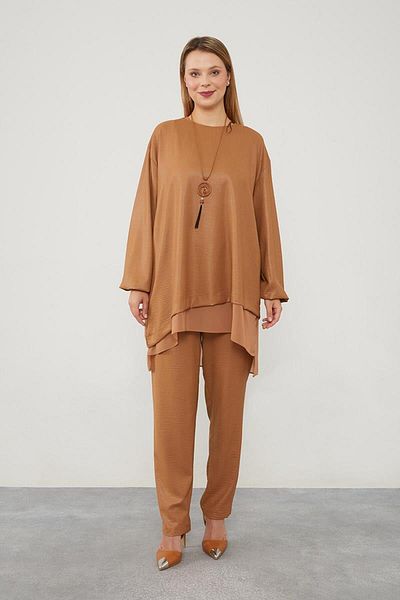 Levidor Coffee Asymmetrical Cut Chiffon Detailed Tunic Set
