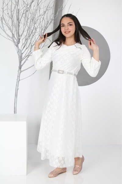 Pantulux Βραδινό φόρεμα για κορίτσια με μακριά δαντέλα - με επένδυση από γκιπούρ