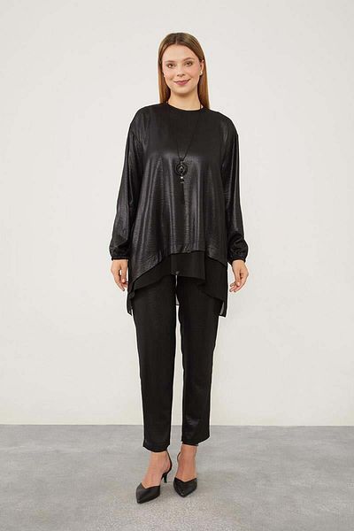 Levidor Black Tunic Set with Asymmetric Cut Chiffon Detail