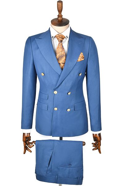 DeepSEA Men's Indigo Blue Slim Fit Double Breasted Suit - Metal Button and Pocket Detail 2300325