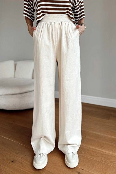 Fashionbox KADIN BELİ LASTİKLİ PALAZZO HAM KETEN TAŞ PANTOLON