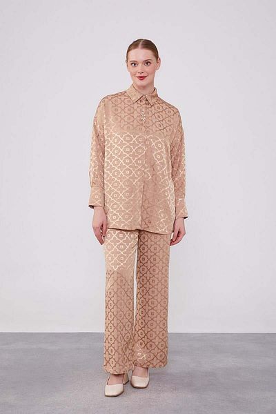 Levidor Jacquard Camel Floral Patterned Double Set