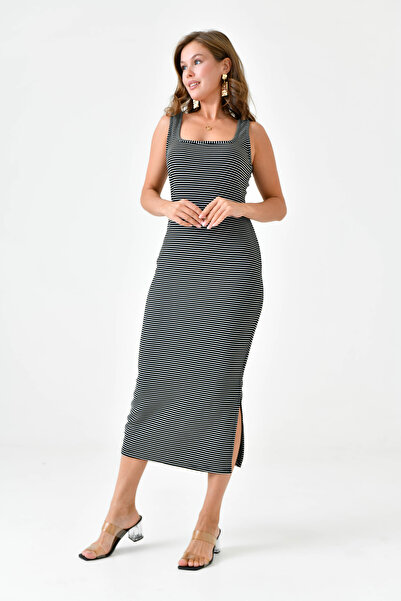 lovebox Women's Stretchy Cotton Fabric U-Neck Thick Strap Striped Pattern Midi Black Dress 12224