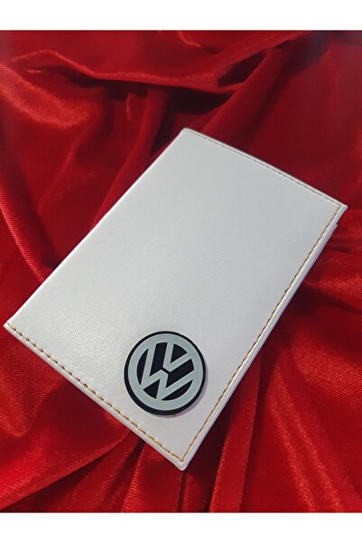 Volkswagen Deri Baskılı Beyaz Renkli Dikişli Deri Ruhsat Kabı Cüzdanı Kılıfı Ruhsatlık