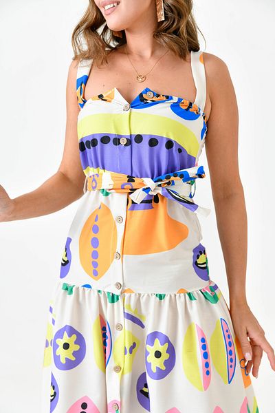 lovebox Women's Digital Print Patterned Fabric Button and Sash Design Strappy Maxi Evening Dress 10761