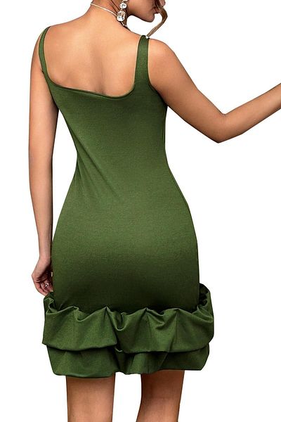 Stilsi Rochie mini cu volane cu decolteu pătrat verde închis - bretele groase și crep țesut
