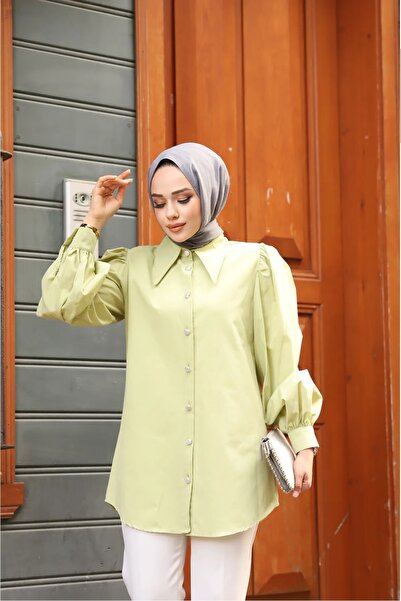 Tesettür Diyarı Oil Green Hijab Clothing - Jewelled Buttoned Poplin Cotton Shirt with Pointed Collar and Balloon Sleeve Detail