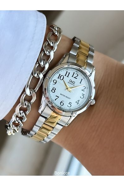 Q&Q Brand Yellow/Silver Color, Steel Strap, Women's Wristwatch with Numbers+Bracelet