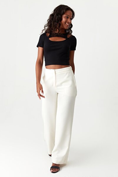 Select Moda Women's Ecru Elastic Waist Wide Leg Fabric Trousers