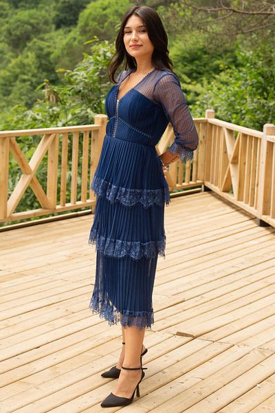 SpringStore Rochie de seara lunga din dantela bleumarin din tul