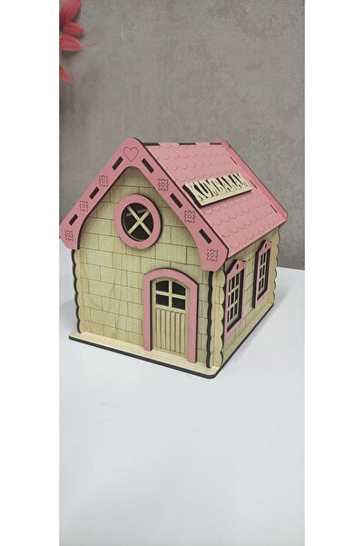 hayalimhediyelik Ahşap ev kumbara büyük pembe Ev& Ofis