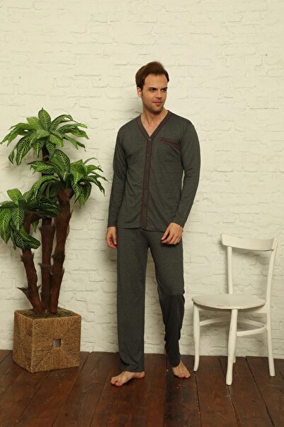 Akasya Ανδρικό σετ πιτζάμες με μακρυμάνικο μπροστινό κουμπί 0429