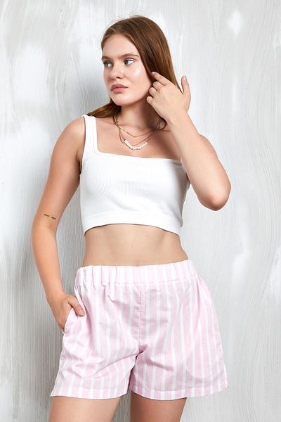 minaaise Pantaloni scurți cu talie elastică în dungi roz-alb 100% bumbac 27369