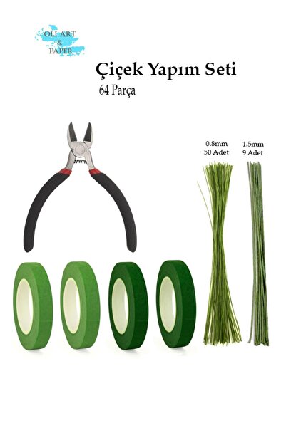 OLİ Art Çiçek Yapım Seti Aksesuarları 64 Parça Çiçek Bandı ve Çiçek Teli Yapışkanlı Çiçek Bandı Set