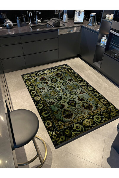 Rugs Modern Halı Koyu Yeşil Tonlarda  Antik Tasarım Serisi Saçaklı Desenli De...