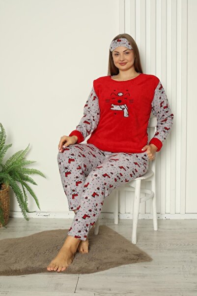 Akasya Women's Large Size Fleece Pajama Set with Pockets 02159