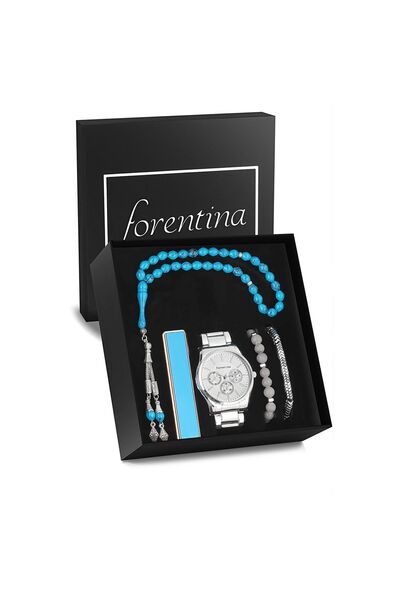 Forentina Erkek Metal Kol Saati Bileklik Tesbih Çakmak Hediye Set Babaya Erke...