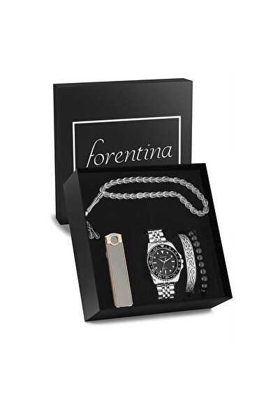 Forentina Erkek Metal Kol Saati Bileklik Tesbih Çakmak Hediye Set Babaya Erke...