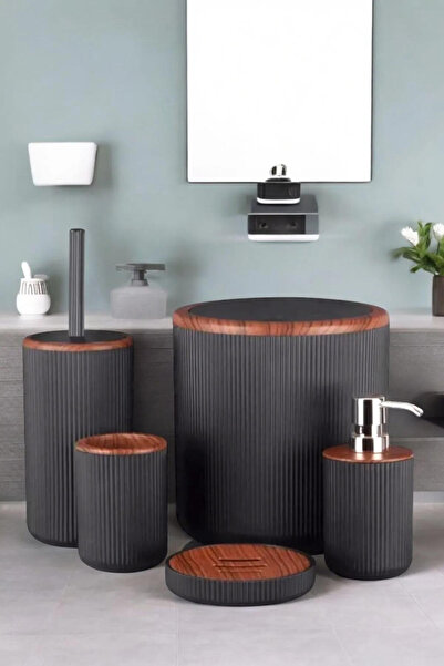 Genel Markalar Siyah Ahşap Desenli 5'li Banyo Seti Şık Tasarımlı Banyo Takımı