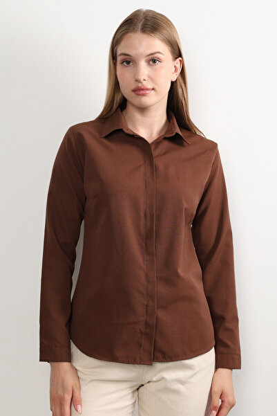 Yeliz قميص مكتب نسائي بقصة ضيقة باللون البني المر