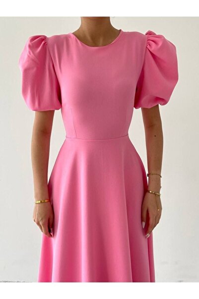 Julishop Julidress Kadın Toz Pembe Bisiklet Yaka Kısa Karpuz Kol Midi Boy Premium Elbise