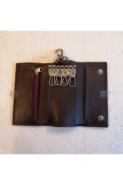 Bond Unisex Genuine Leather Coffee Piping Single Snap 3 Hidden Eye 6 Silver Hook Belt Strap Wallet Keychain