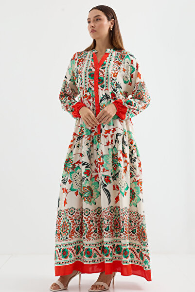 Bigdart 2423 Otantik Desenli Tesettür Elbise - Kırmızı