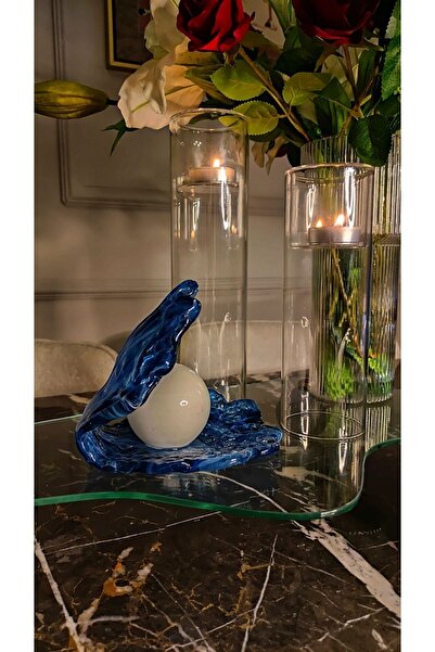 Tavcam İstiridye Aksesuar Lacivert Renk ve Beyaz İncili El Yapımı Dekoratif C...