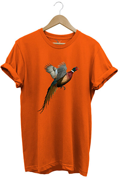 WİDİ تي شيرت برتقالي مطبوع عليه طاووس الصيد بقصة عادية بنسبة 100% من القطن