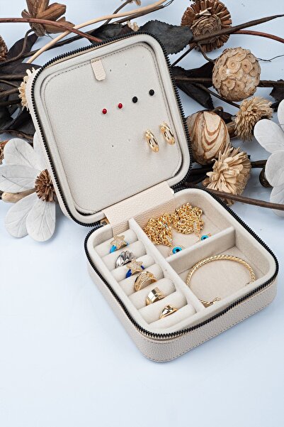 Gold Box صندوق مجوهرات للسفر والمجوهرات متوسط الحجم كريمي (علبة خشبية وجلد) (...