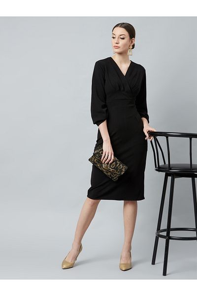 Athena By Styli Solid V Neck Sheath Knee Length Dress