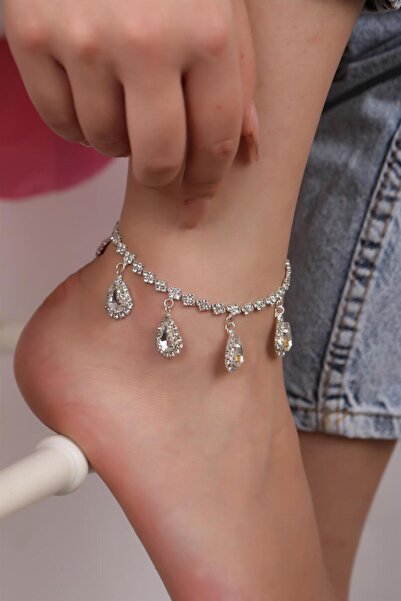 HUBANN Geometrik Su Yolu Gümüş Renk Çok Damla Taşlı Trend Sallantılı Halhal Gümüş Kaplama Halhal