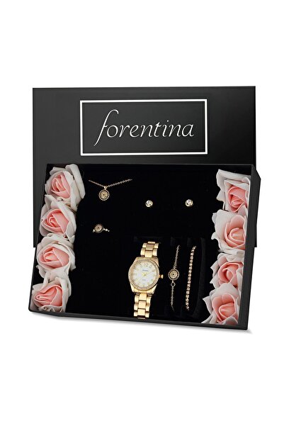 Forentina Altın Kaplama Nazar Boncuklu Kolye Bileklik Küpe Yüzük Saat - Yapay...