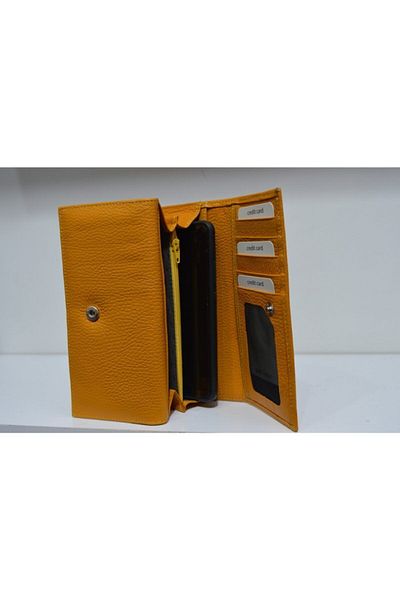 Veskemann Women's Yellow Genuine Leather Multi-Compartment Wallet