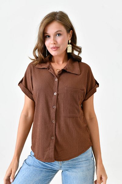 lovebox White Shirt - Women's Seersucker, Short Sleeve and Pocket Detail 9628