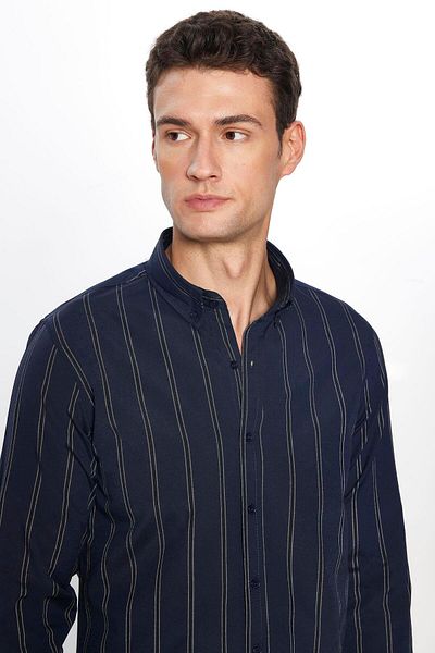 Tudors Námořnická modrá pruhovaná pánská košile – Slim Fit, Dlouhý rukáv, Bavlna, Snadné žehlení